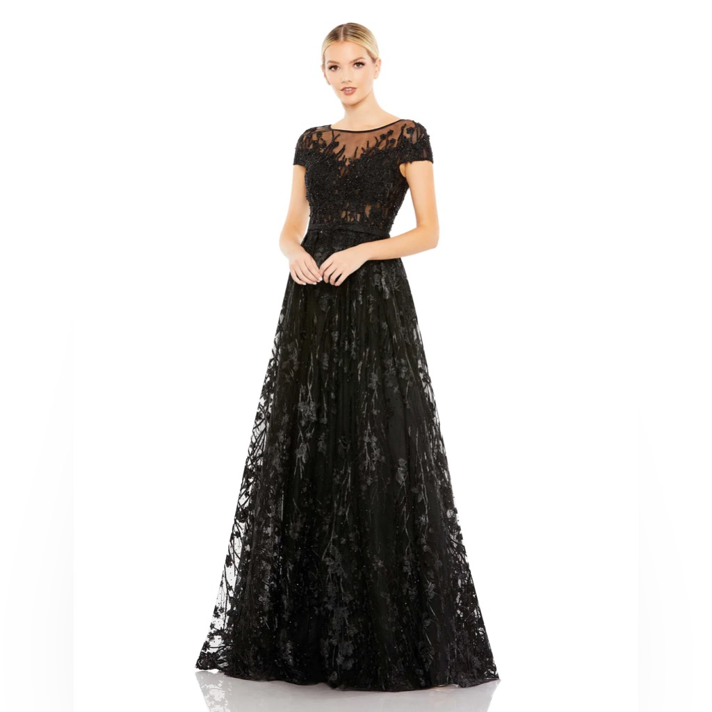 Mac Duggal Embellished Floral Cap Sleeve A Line Gown Black 20405- Nwt
